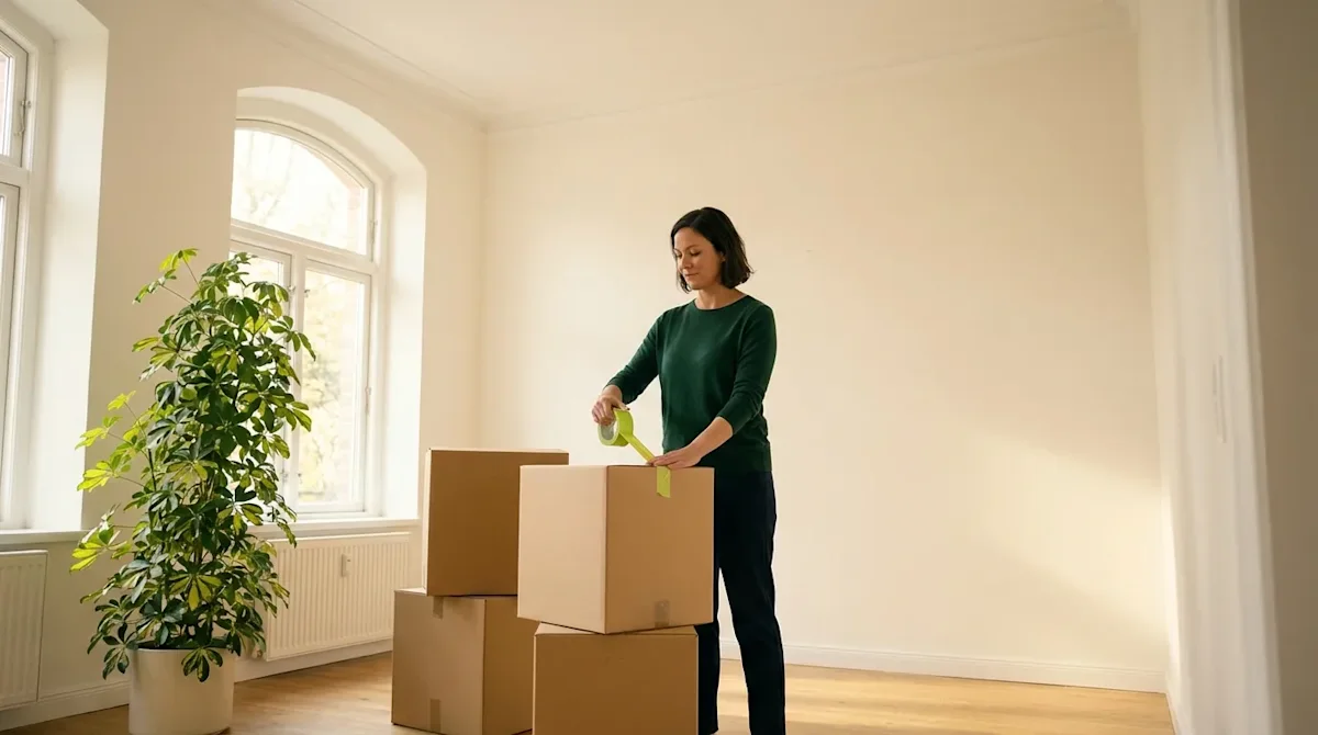 Woman calmly taping moving boxes in a bright, sunlit room, symbolizing a fresh start in a new home.