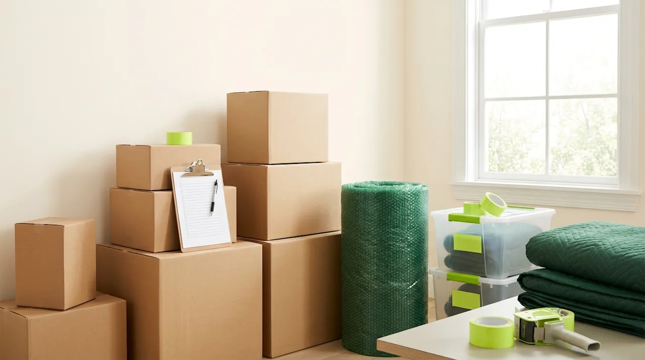 Neatly stacked moving boxes, packing checklist, and green wrapping materials in a sunlit room.
