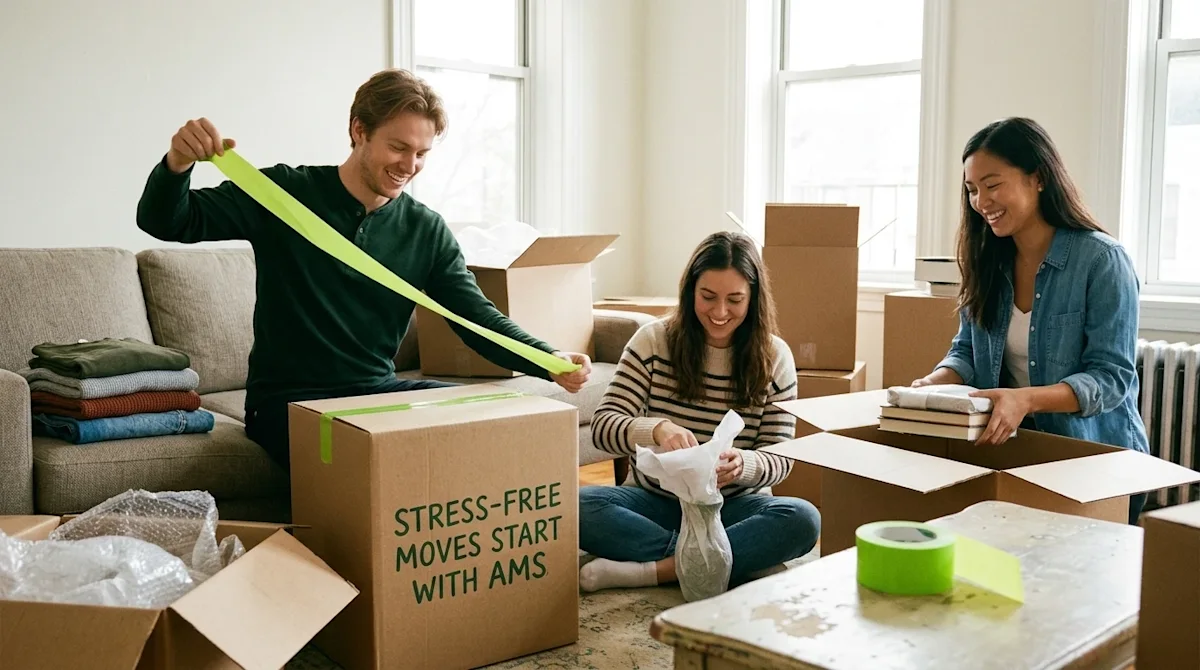 Candid 35mm lifestyle photography of three smiling friends helping each other pack up a bright apartment living room, capturi