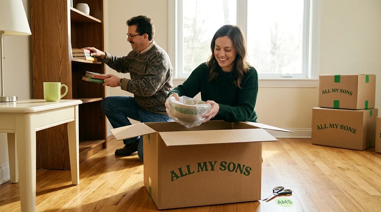 A high-quality, photorealistic lifestyle photograph of a happy couple mastering the art of unpacking in their bright, invitin