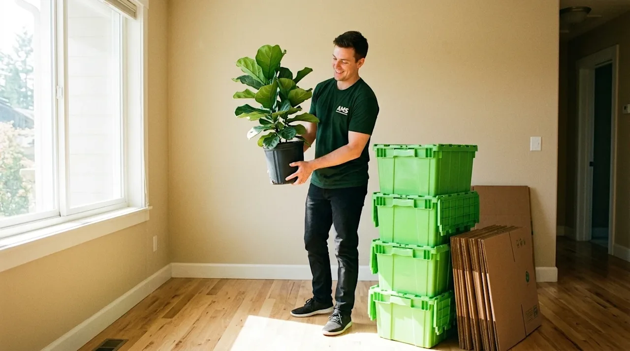 A candid, high-quality 35mm film style photograph capturing an environmentally friendly moving day. A friendly moving profess