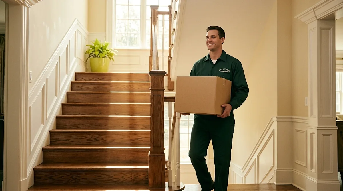 Professional marketing photography, warm and slightly nostalgic 35mm film aesthetic. A confident, friendly professional mover