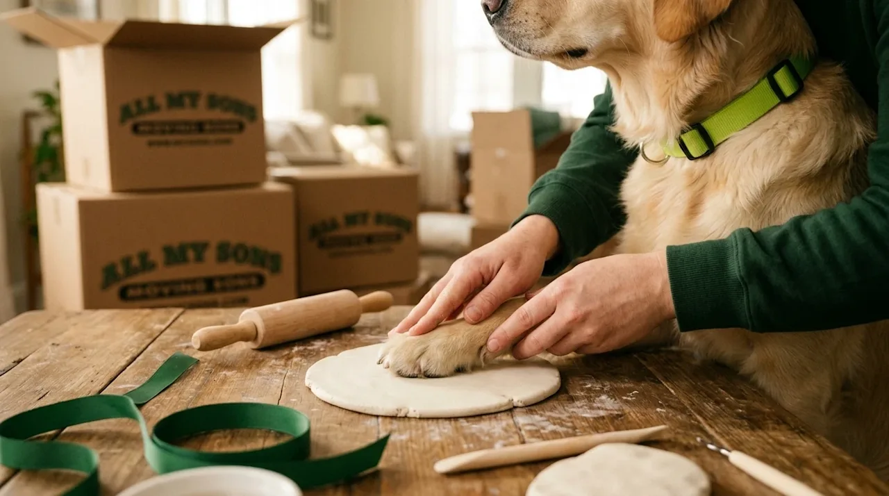 Authentic lifestyle photography, close-up of a person's hands gently pressing a golden retriever's paw into a round disc of c