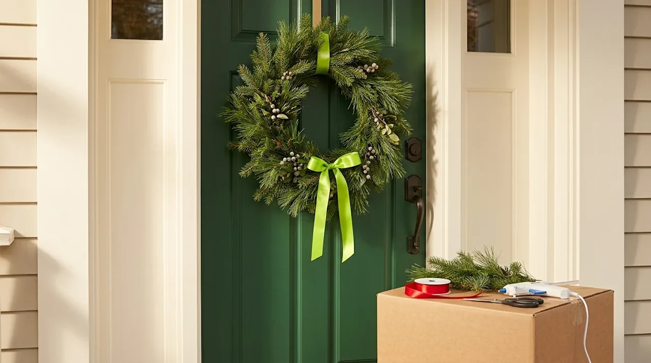 Clear and professional marketing photography of a welcoming entryway to a new home. The focal point is a beautiful, handcraft