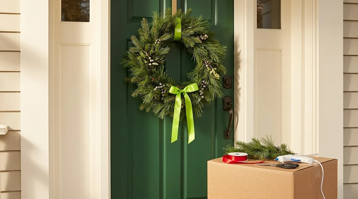 Clear and professional marketing photography of a welcoming entryway to a new home. The focal point is a beautiful, handcraft
