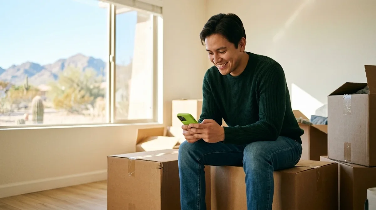 Candid 35mm film photography of a relaxed person taking a break from packing, sitting comfortably on a sturdy cardboard movin