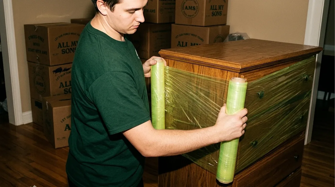 A candid, lifestyle photograph taken with direct on-camera flash, capturing the authentic feeling of moving day. A person wea