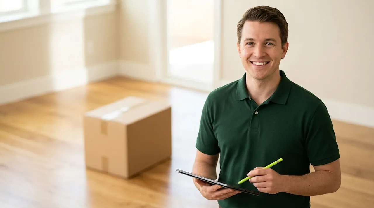 Professional marketing photography, a bright and welcoming hero image for a blog. A friendly moving coordinator stands in the