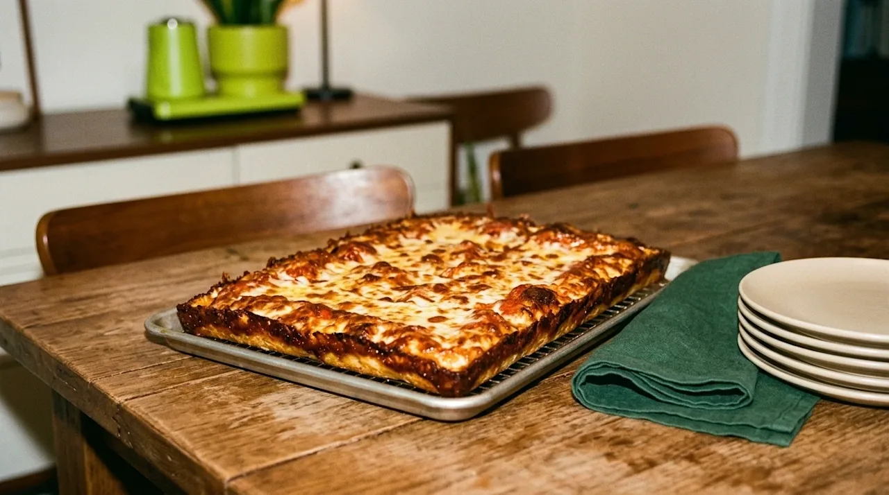 Professional marketing photography of a vibrant, appetizing square Detroit-style deep-dish pizza on a rustic wooden dining table.
