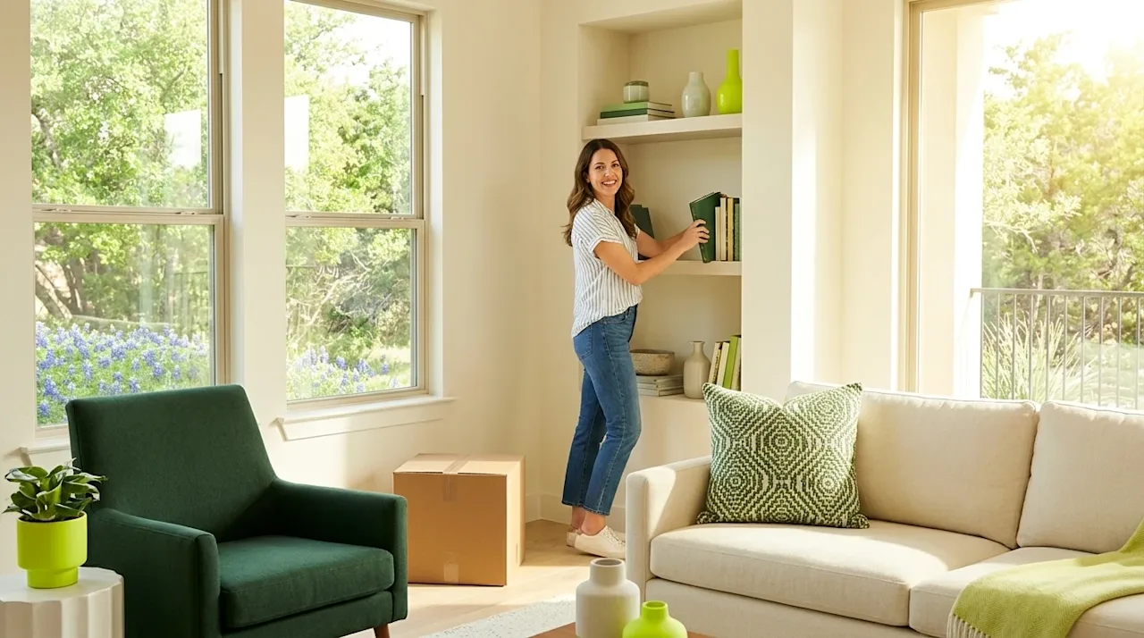 Professional marketing photography of a bright, airy San Antonio home interior being prepared for a spring move. The spacious