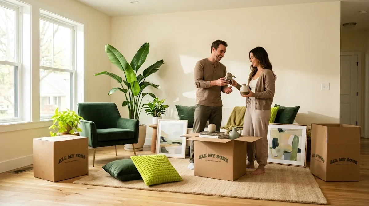 Cinematic lifestyle photography of a bright, modern living room interior in the midst of a stylish update. A happy couple is