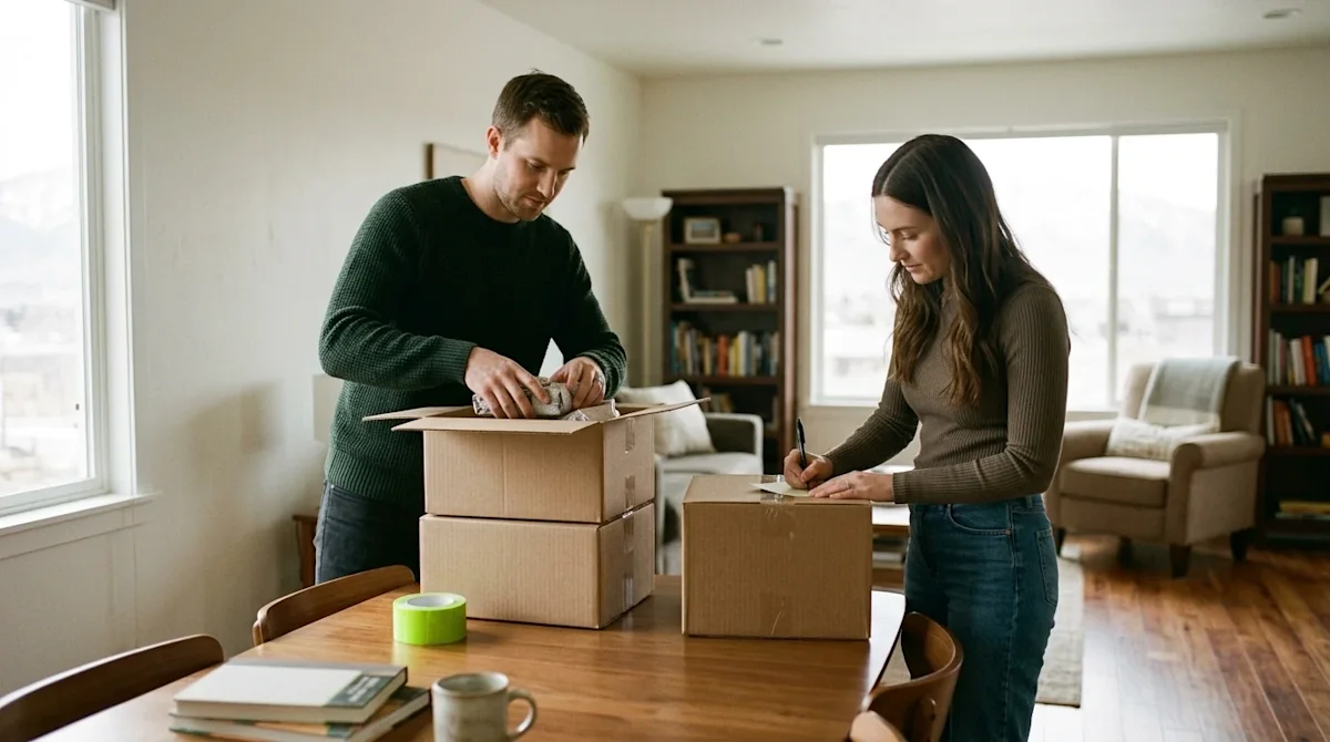 Candid lifestyle 35mm film photography of a couple inside a sunlit living room preparing for their moving day. They are stand