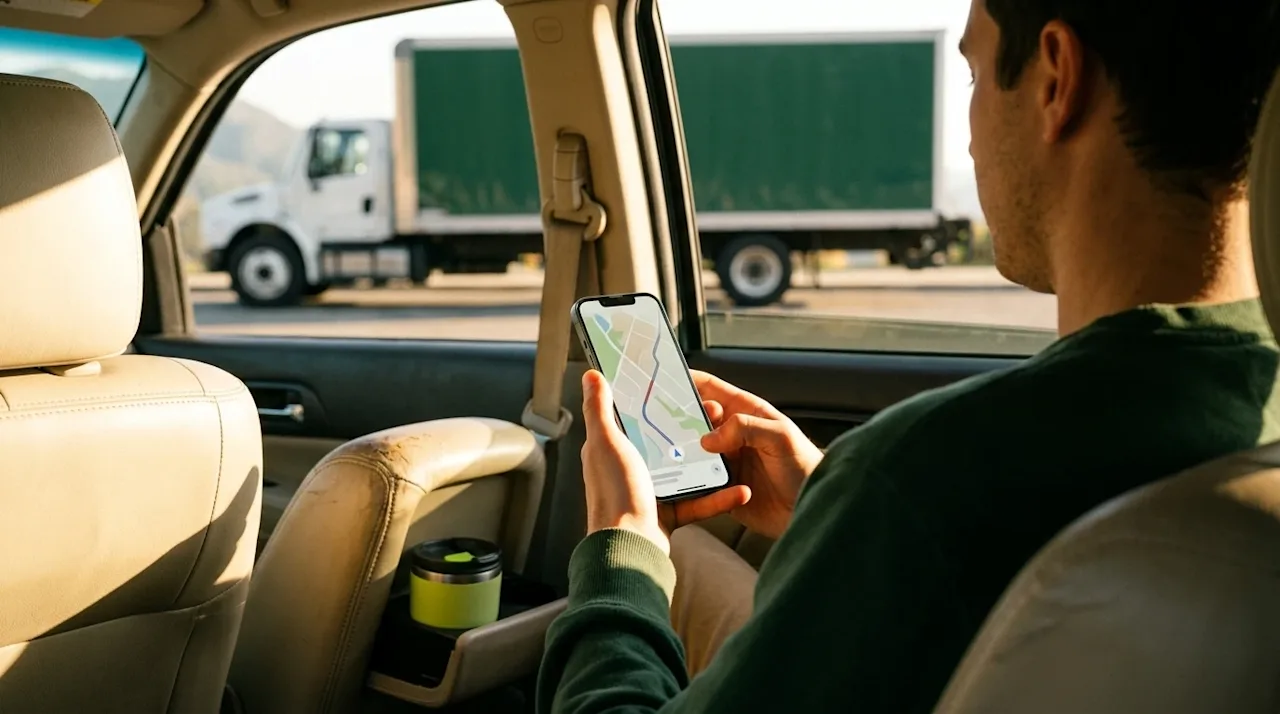 Candid lifestyle photography of a person in the passenger seat of a vehicle during a long-distance road trip. Close-up, over-