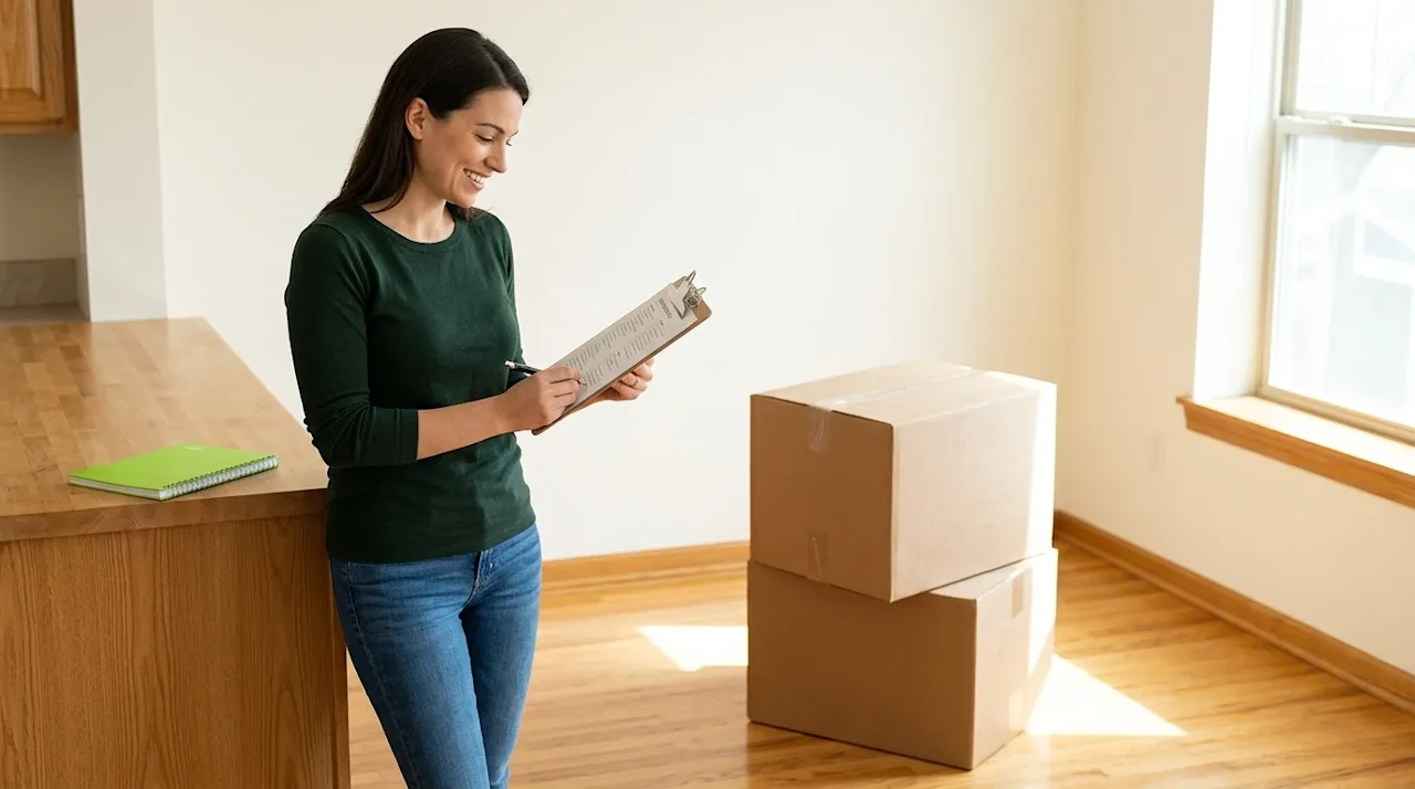 Clear and professional marketing photography of a stress-free, organized moving day. A smiling woman stands in a bright, sunl