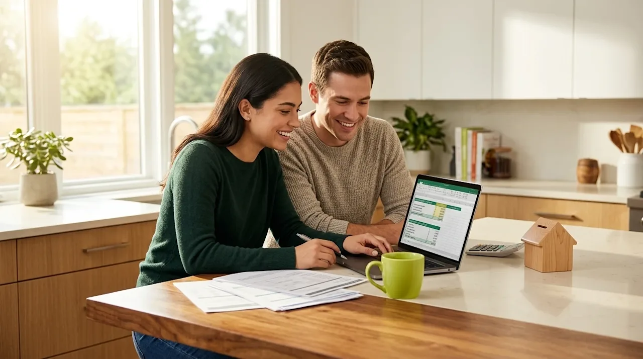 Clear, professional marketing lifestyle photography of a smiling young couple sitting together at a warm wooden kitchen islan