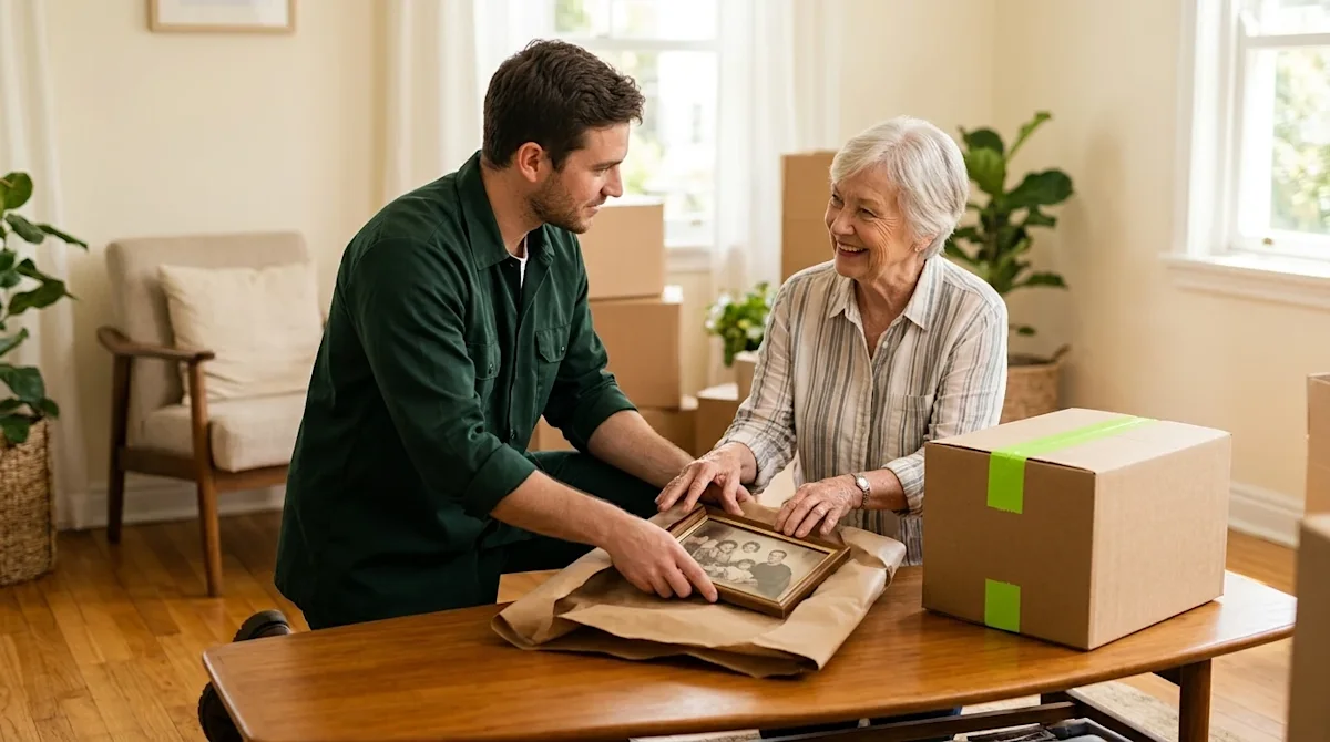 Professional marketing photography of a caring mover assisting a happy senior woman in a cozy, sunlit living room. The mover,