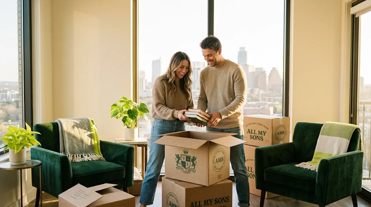 Candid lifestyle 35mm film photography of a happy millennial couple unpacking cardboard moving boxes in a bright, sunlit mode