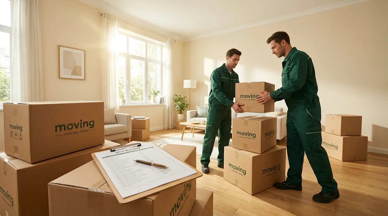 Professional movers in green uniforms handling boxes in a modern home with a moving checklist in the foreground.