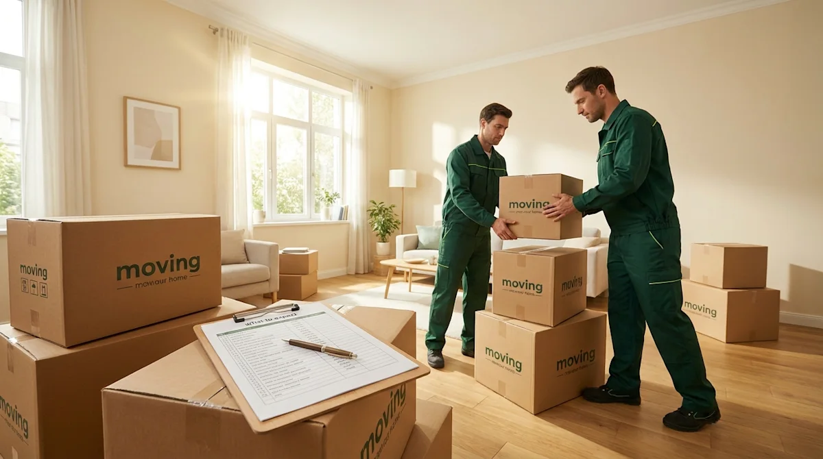 Professional movers in green uniforms handling boxes in a modern home with a moving checklist in the foreground.