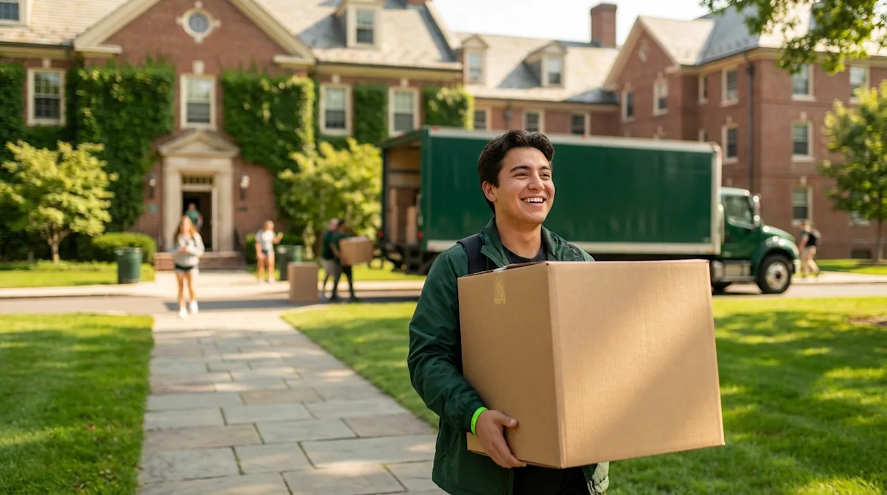 Smiling student carrying box on New Jersey college campus during moving day with green truck background