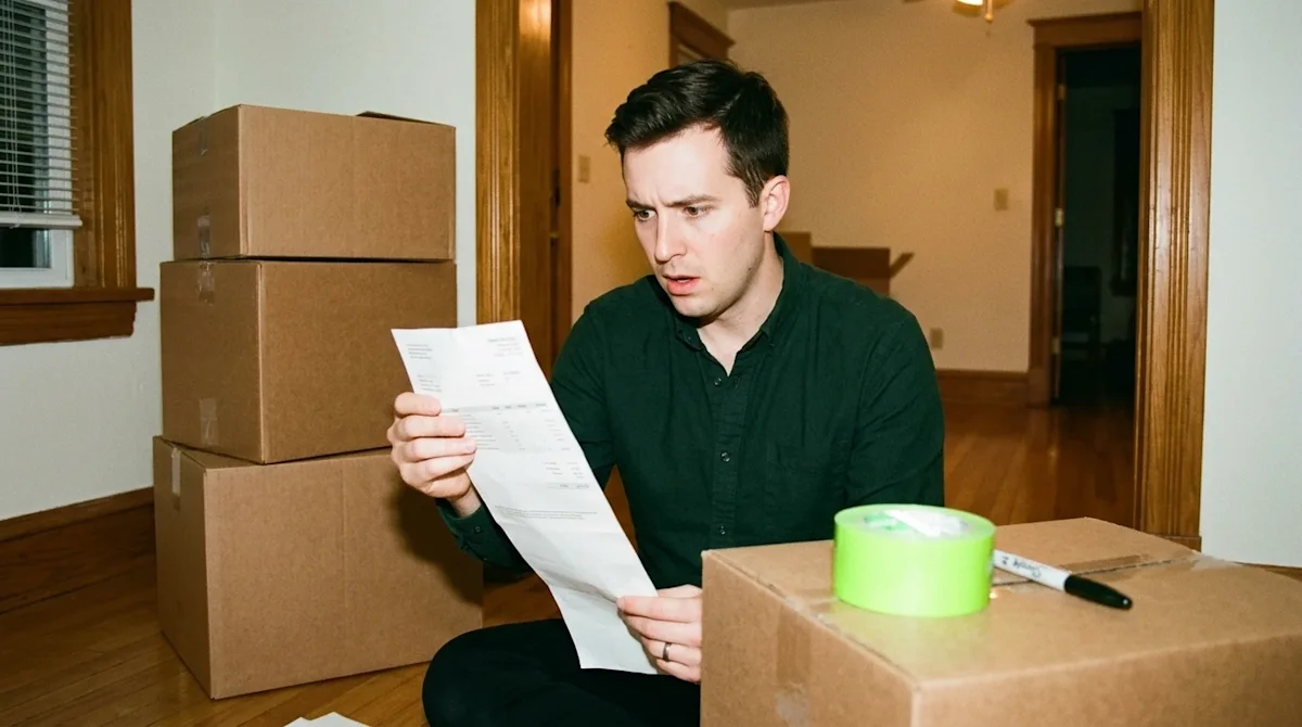 Candid 35mm film photography of a concerned homeowner sitting among a few neatly stacked brown cardboard moving boxes in a pa