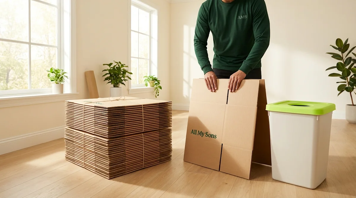 All My Sons professional mover recycling cardboard boxes for a sustainable cleanup in a bright, modern room.