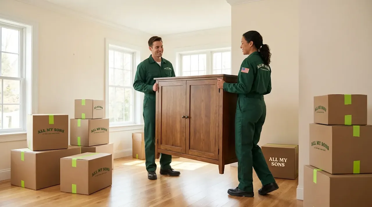 Two All My Sons professional movers carry a wooden cabinet through a sunlit home with branded moving boxes.
