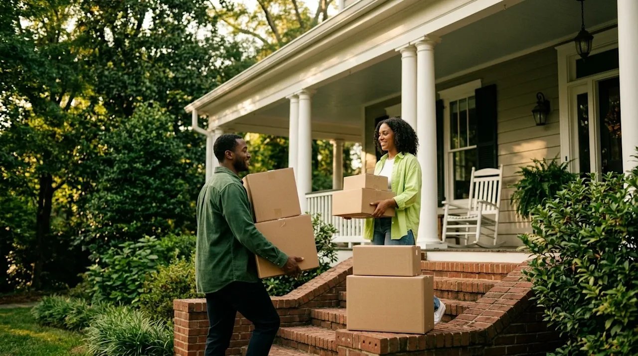 A high-quality lifestyle photograph of a smiling couple carrying neatly stacked kraft brown moving boxes up the steps of a ch