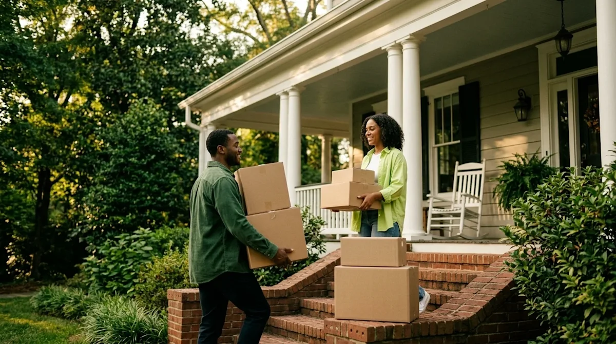 A high-quality lifestyle photograph of a smiling couple carrying neatly stacked kraft brown moving boxes up the steps of a ch