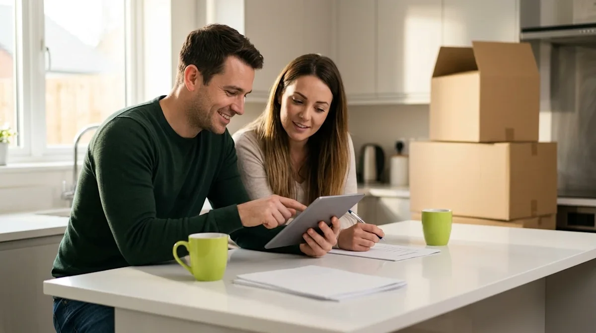 A high-quality, realistic lifestyle photograph of a couple sitting at a bright, modern kitchen island, happily planning their