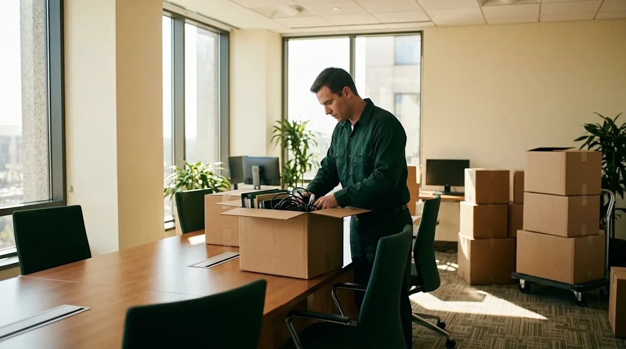 Photographic wide shot of a modern office space being expertly prepared for a commercial move, captured in a warm, slightly n