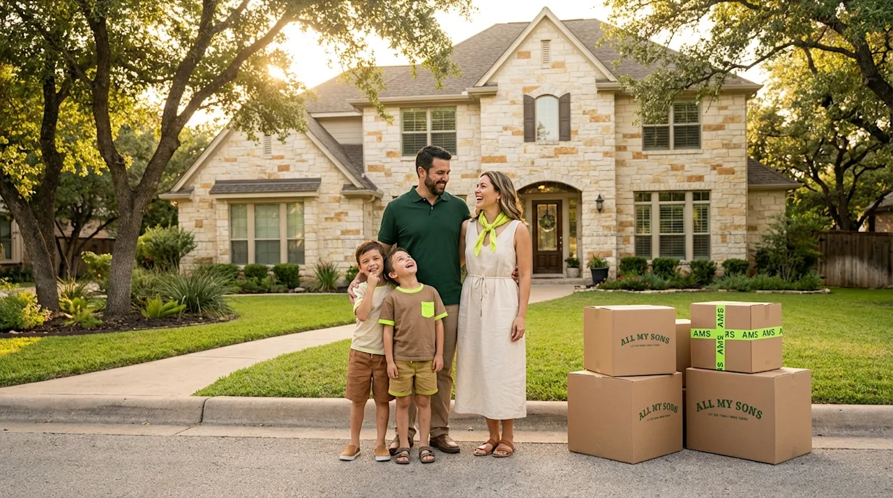 Happy family standing outside their new limestone home in Austin with All My Sons moving boxes