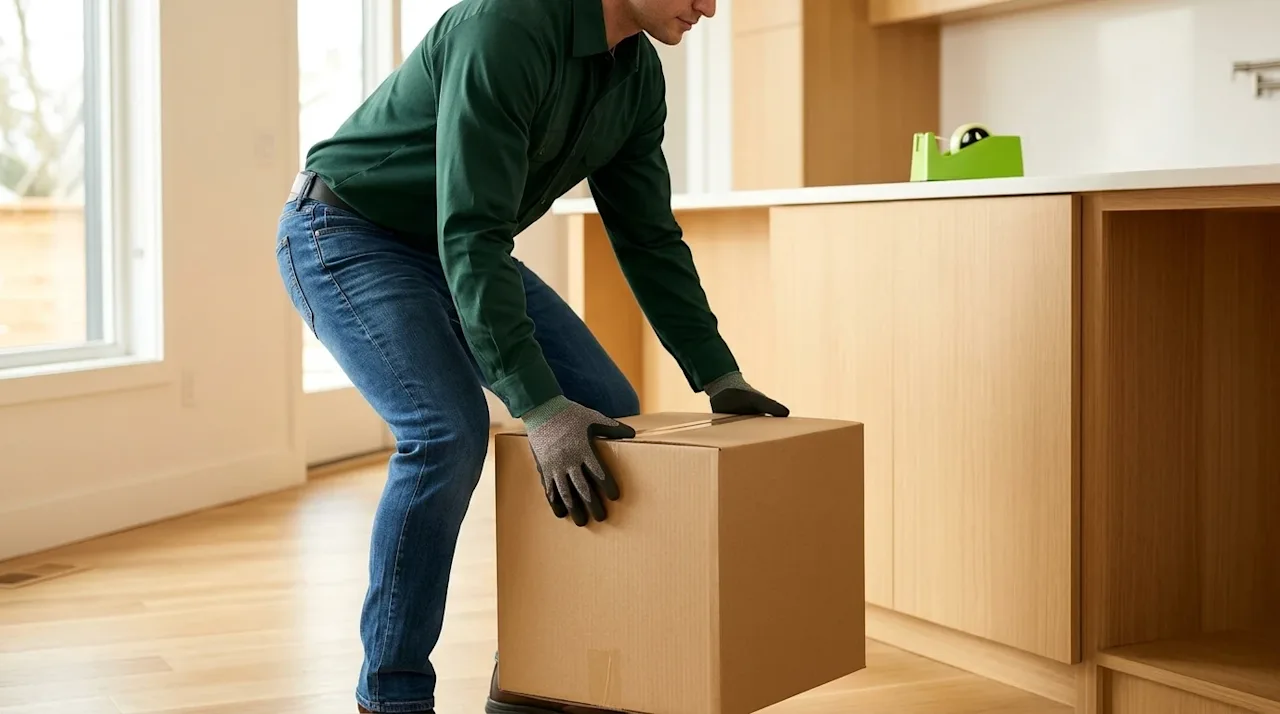 Photorealistic lifestyle photography of a professional mover demonstrating safe lifting techniques in a modern, sunlit home i