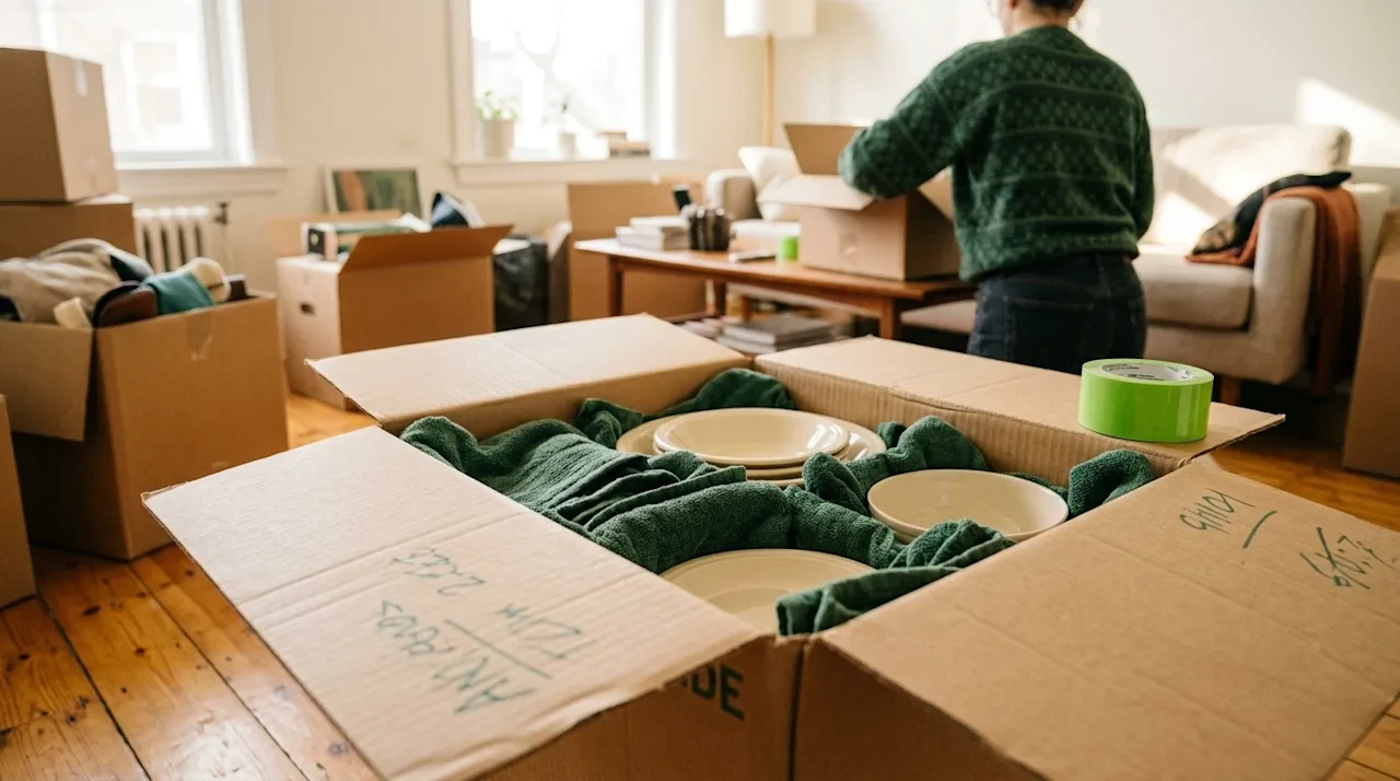 Candid lifestyle photography of a clever moving packing hack in a warm, sunlit home. A close-up, slightly angled view of a ne