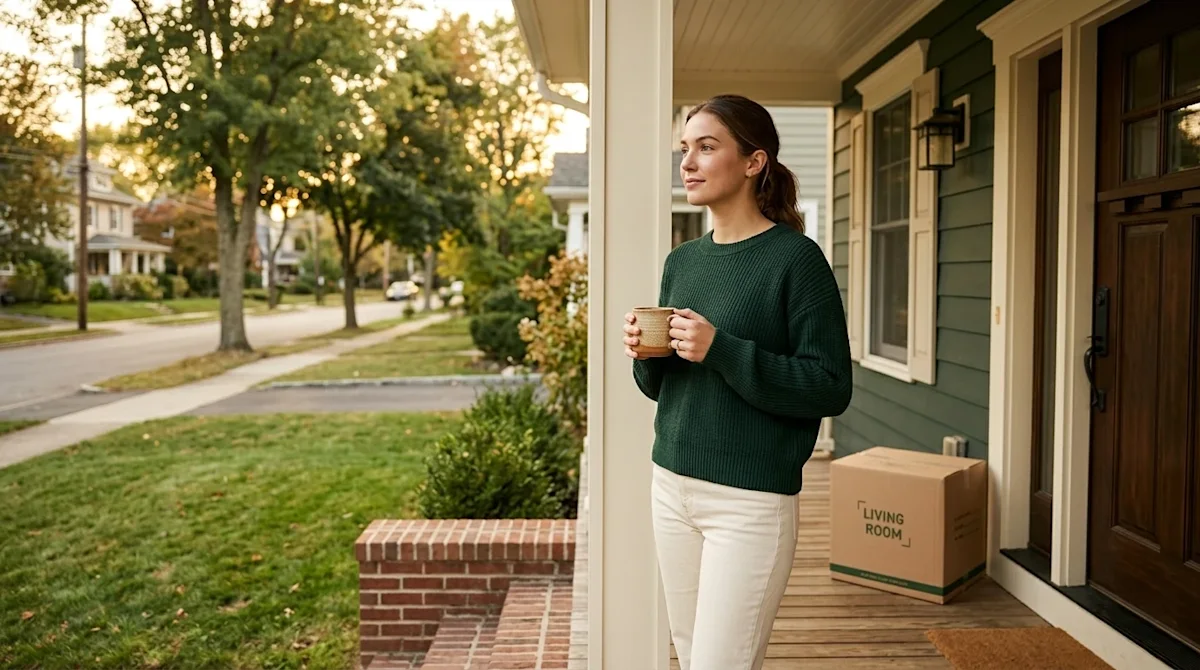 Professional lifestyle marketing photography, clear and frame-free. A young woman wearing a deep forest green sweater and cre