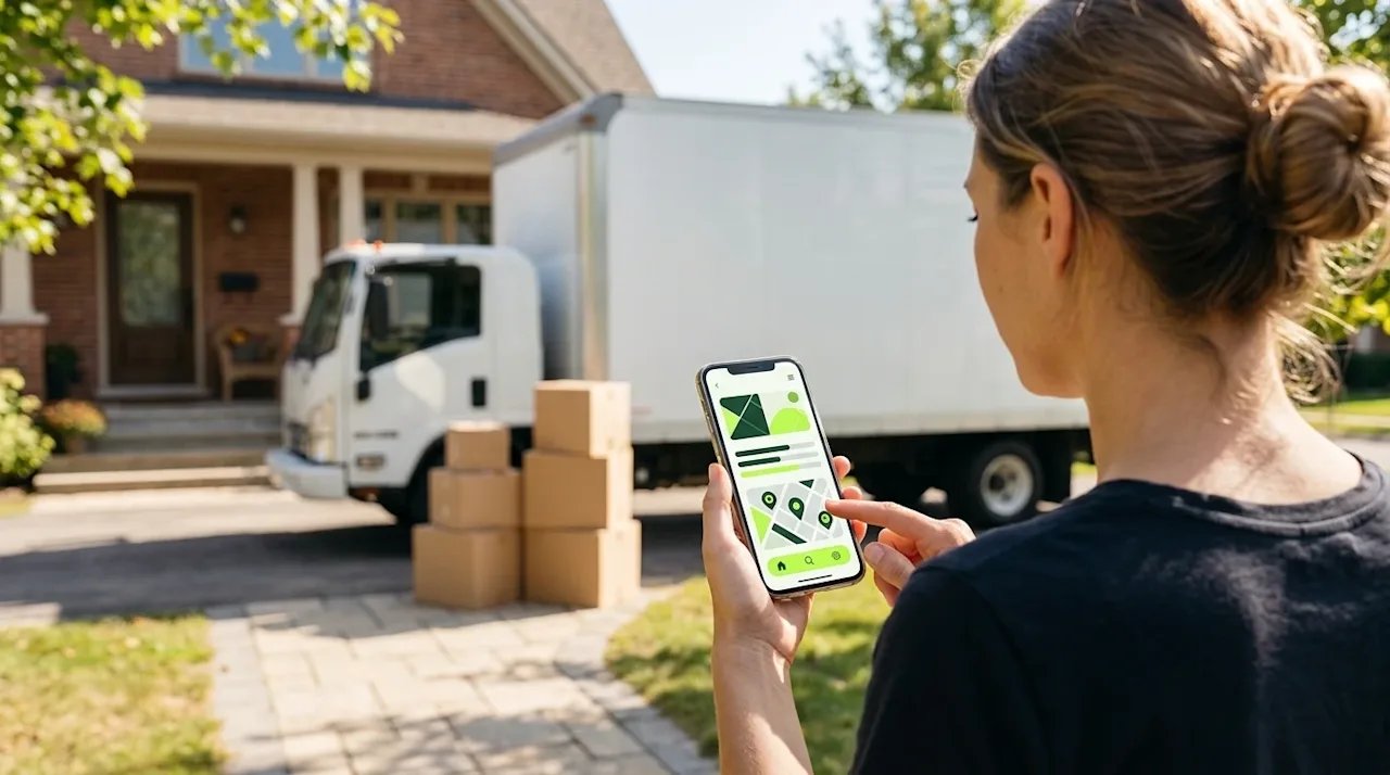 Commercial photography, an over-the-shoulder lifestyle shot of a person holding a smartphone, actively using a mobile app to