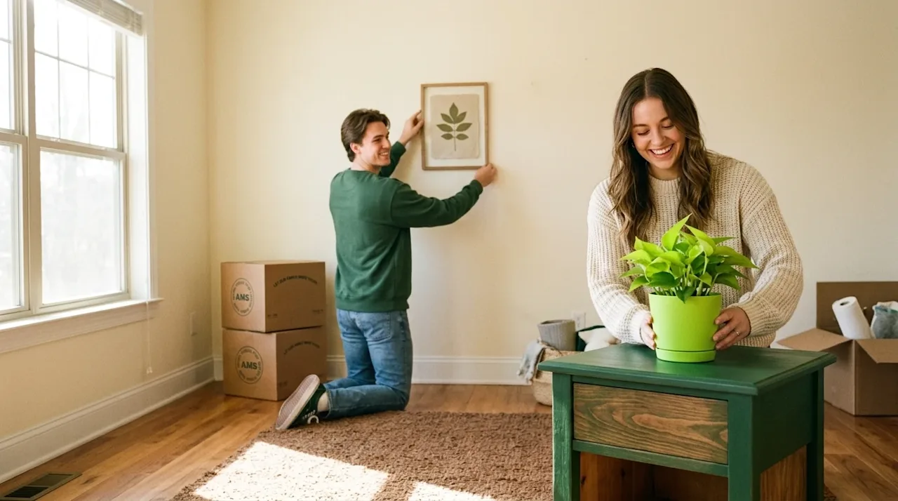 High-quality lifestyle photography of a young couple happily decorating their new living room on a budget. They are arranging