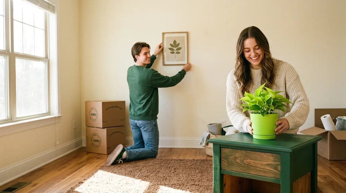 High-quality lifestyle photography of a young couple happily decorating their new living room on a budget. They are arranging
