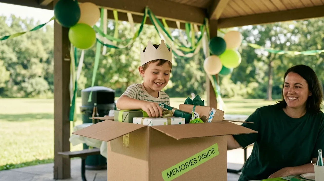 Professional marketing photography of a joyful children's birthday party at a bright, sunny outdoor park pavilion. A happy 7-