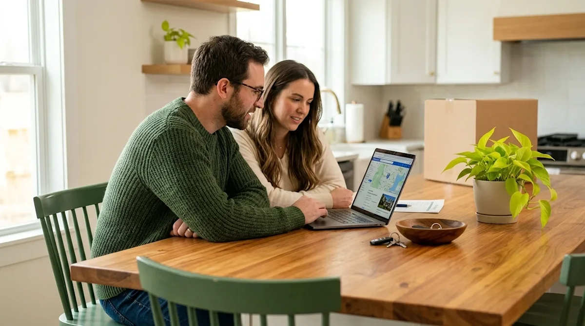 Clear, professional marketing photography of a thoughtful couple sitting together at a warm, wood-toned kitchen island, engag