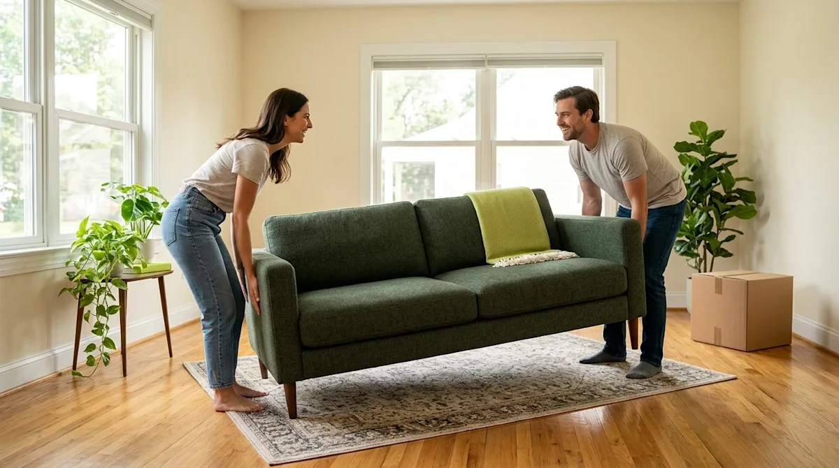 Professional marketing photography of a smiling, casually dressed couple happily arranging a dark green sofa in a bright, sun