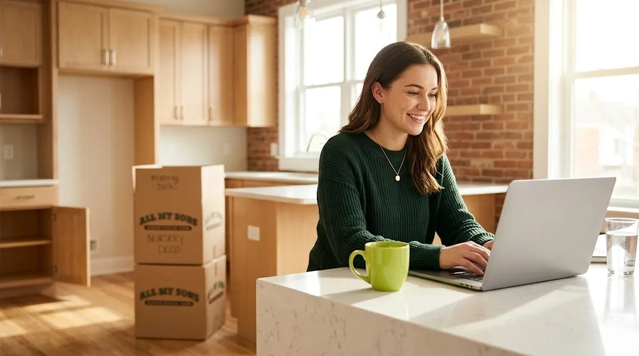 Professional lifestyle marketing photography of a person sitting at a bright kitchen island in their newly purchased home, ac