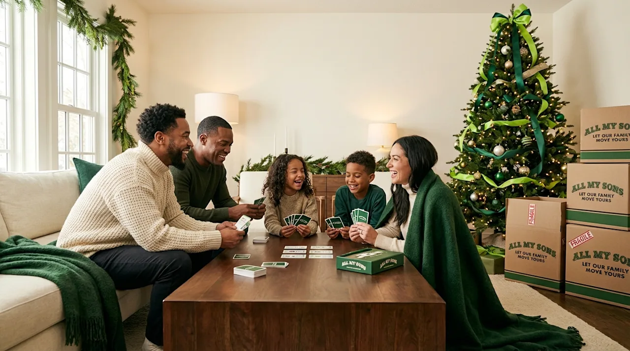 Family playing cards in a festive living room with a Christmas tree and All My Sons moving boxes.