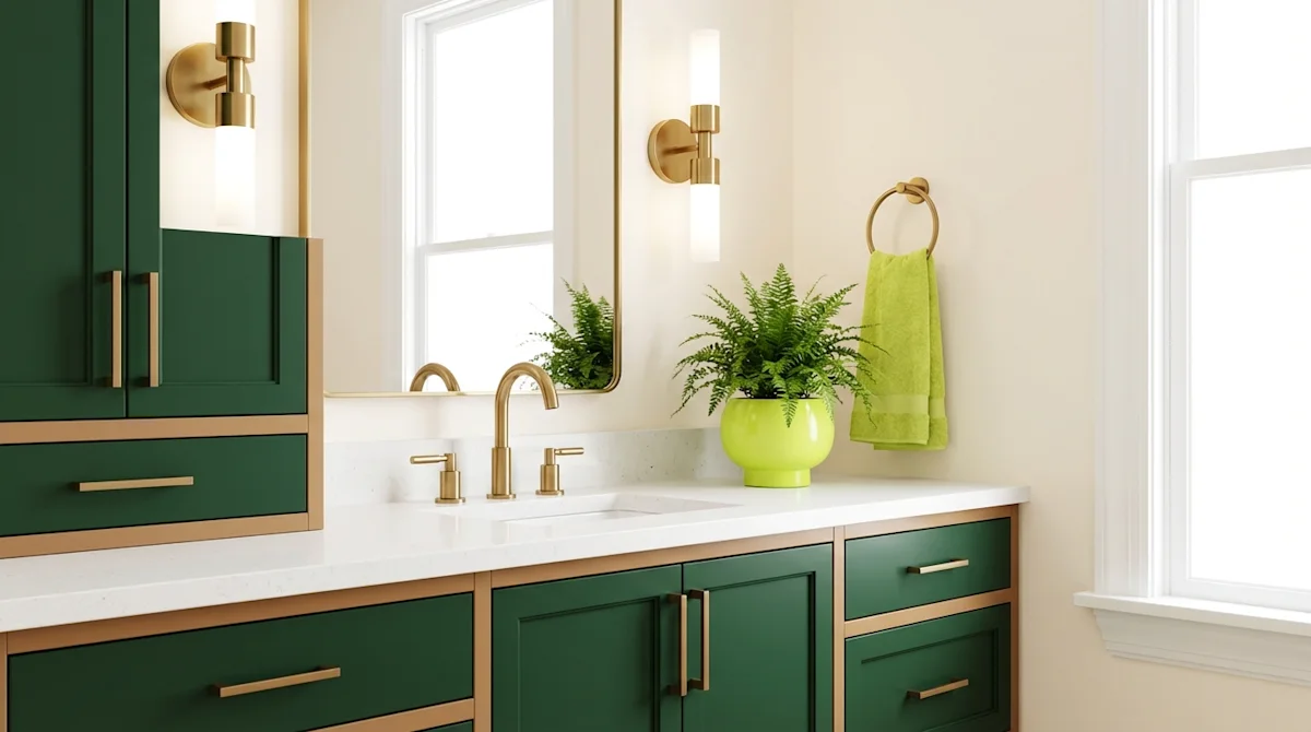 Modern forest green bathroom vanity with brass fixtures and lime green décor accents in a bright, clean interior.