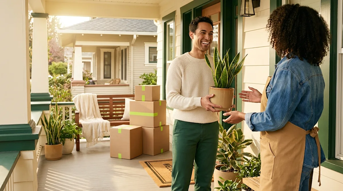 New neighbors meeting on a front porch with a housewarming plant and moving boxes in the background.