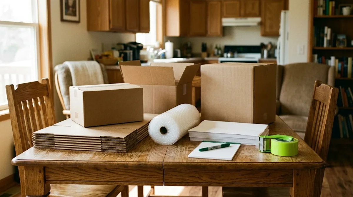 A candid lifestyle photograph of essential packing products arranged on a warm wooden table inside a bright, cozy home. The s