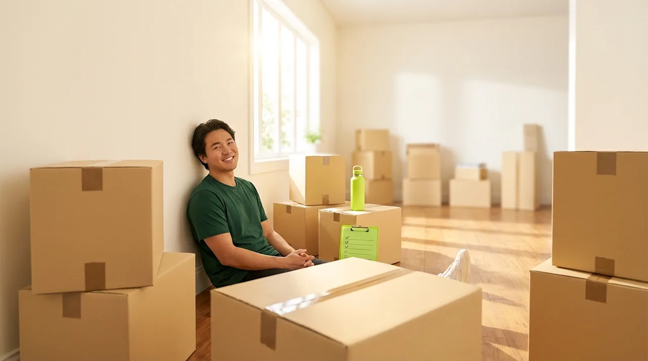 Happy man taking a break during a stress-free move in a sun-drenched room with organized moving boxes.