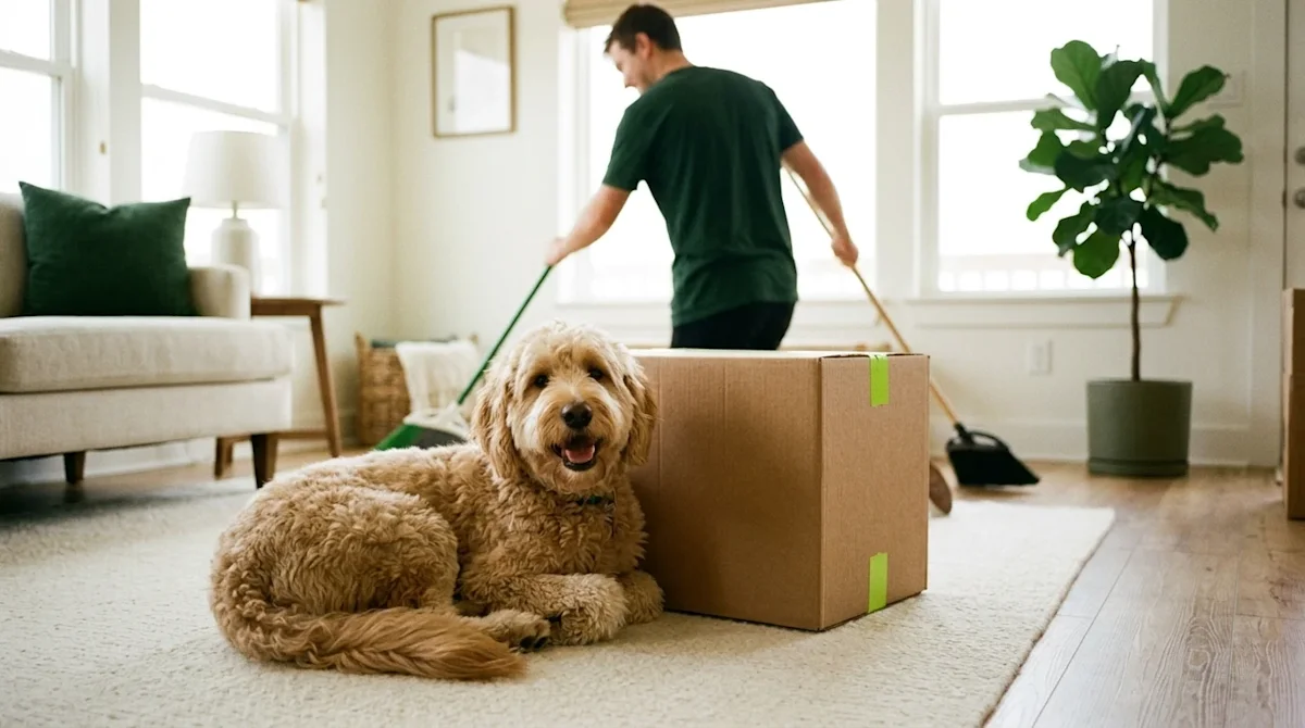 Candid 35mm film lifestyle photography of a happy, fluffy dog resting comfortably on a spotless cream-colored rug in a bright