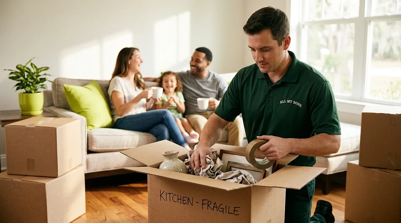 A high-quality lifestyle photograph illustrating the stress-free experience of hiring full-service movers. In the foreground,