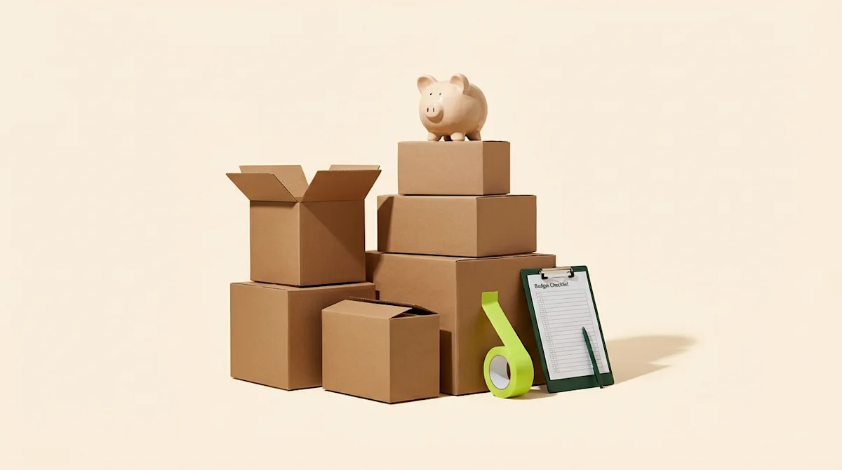 Cardboard moving boxes with a piggy bank, lime green tape, and a budget checklist to save money on moving supplies.